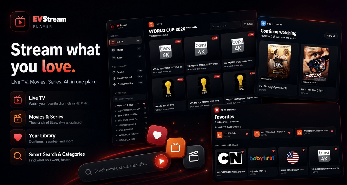 EVStream new player dashboard update with modern IPTV browsing features