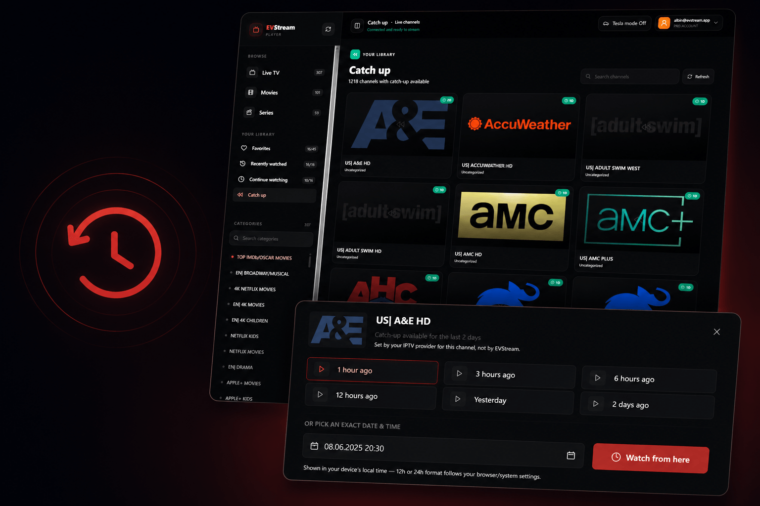EVStream Catch Up feature - watch previously aired content