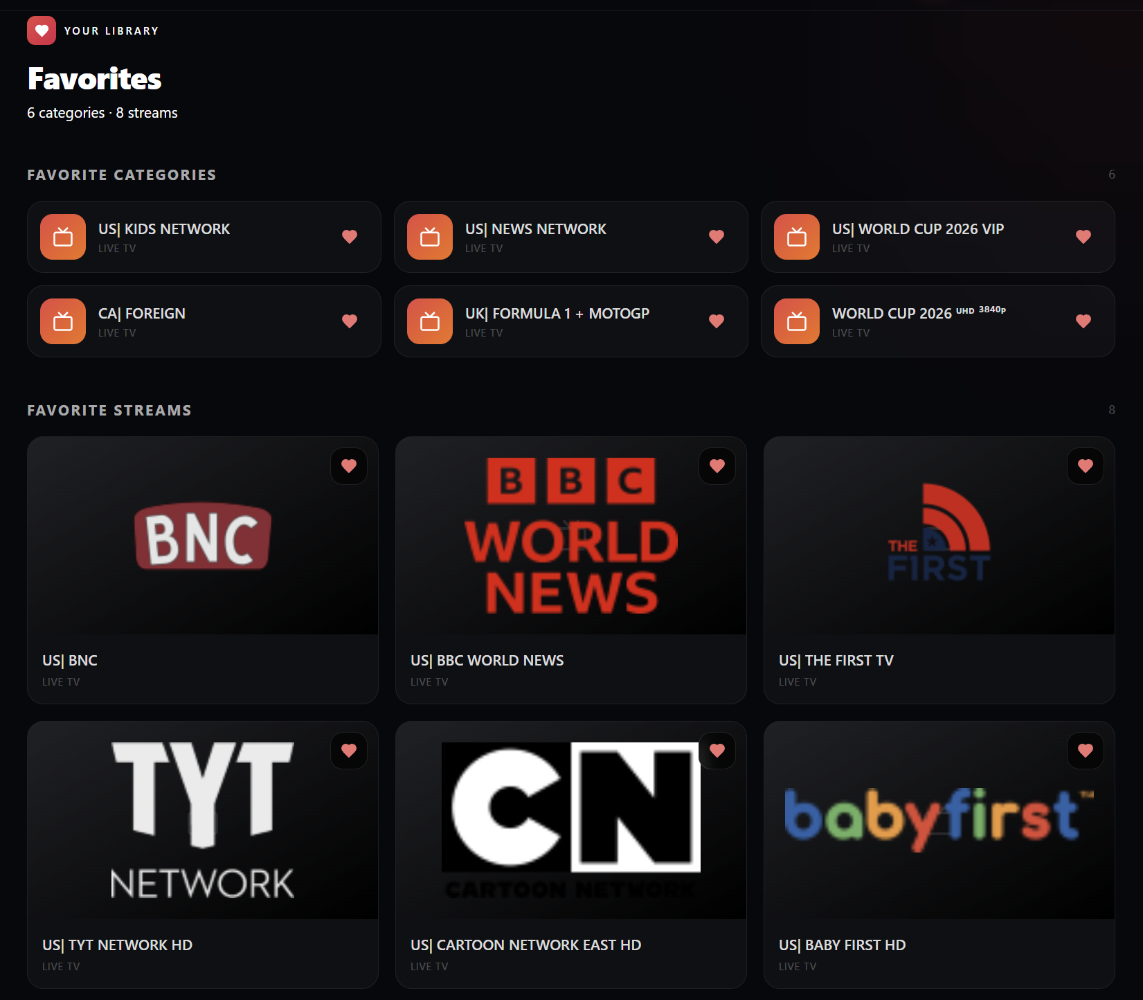 EVStream favorite channels and categories screen