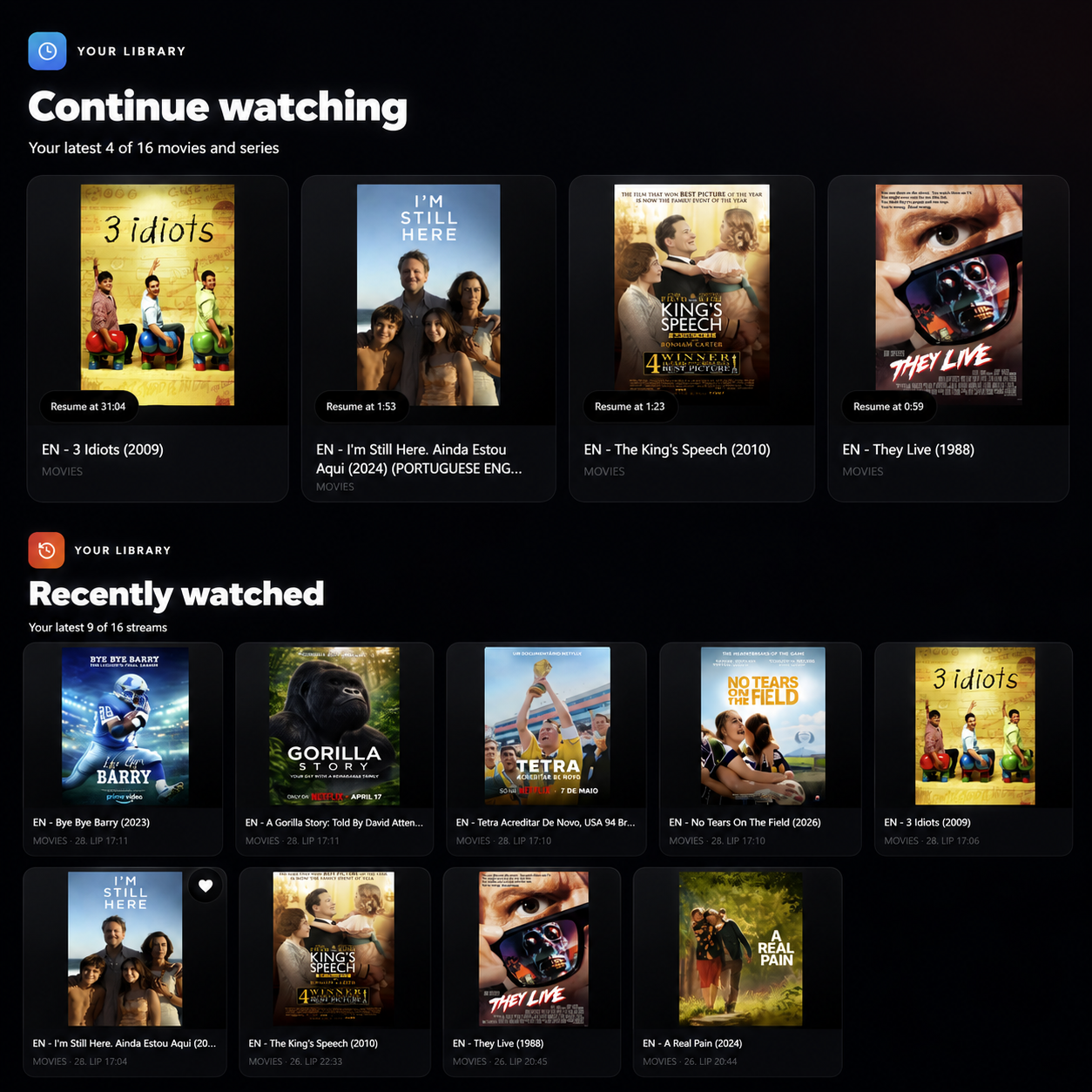 EVStream continue watching and recently watched dashboard