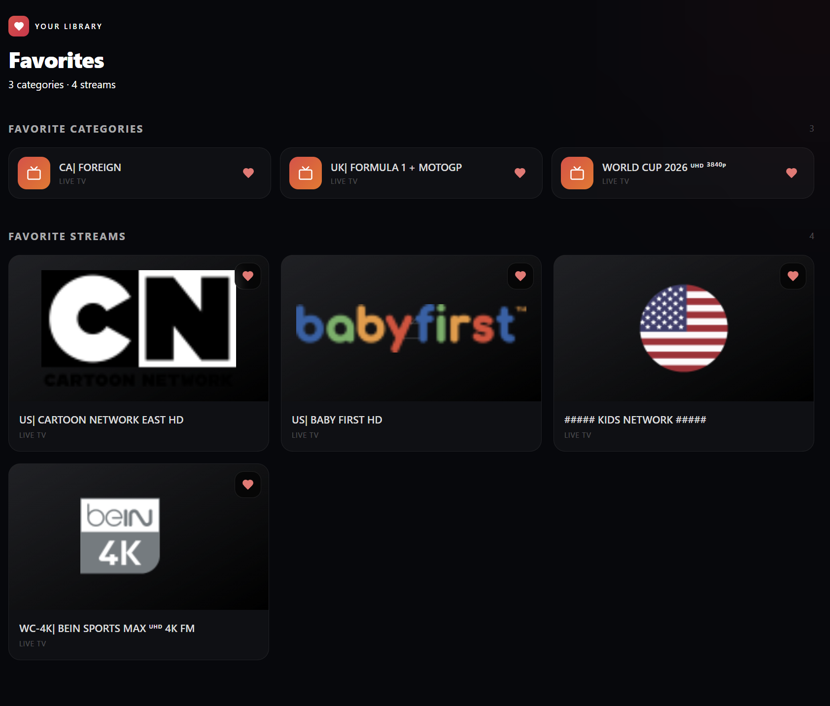 EVStream favorites dashboard showing favorite categories and streams