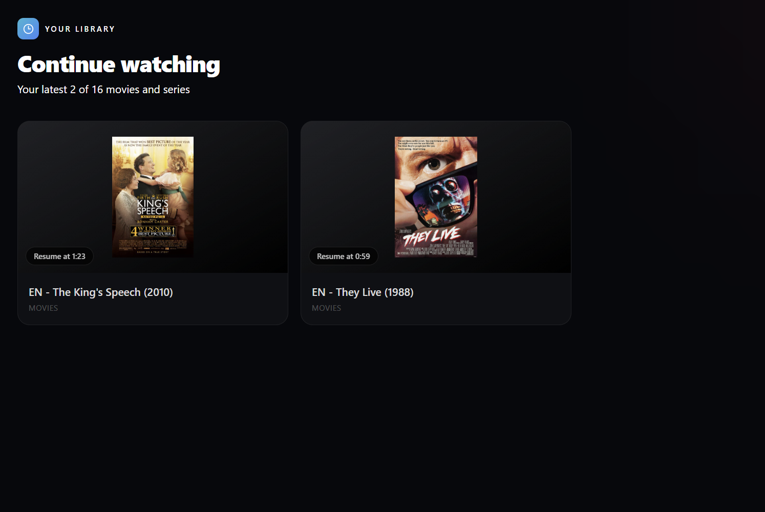EVStream continue watching dashboard showing saved movie progress