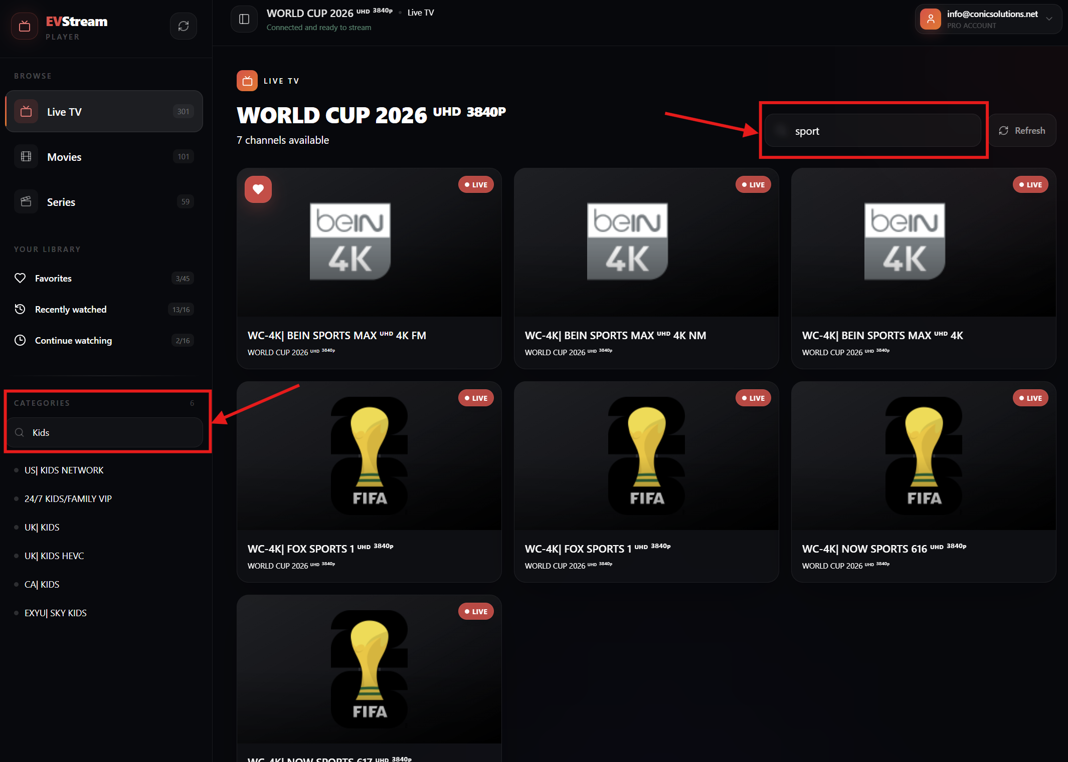 EVStream new dashboard search for categories and streams
