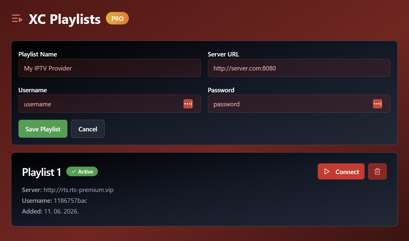 EVStream playlist management page